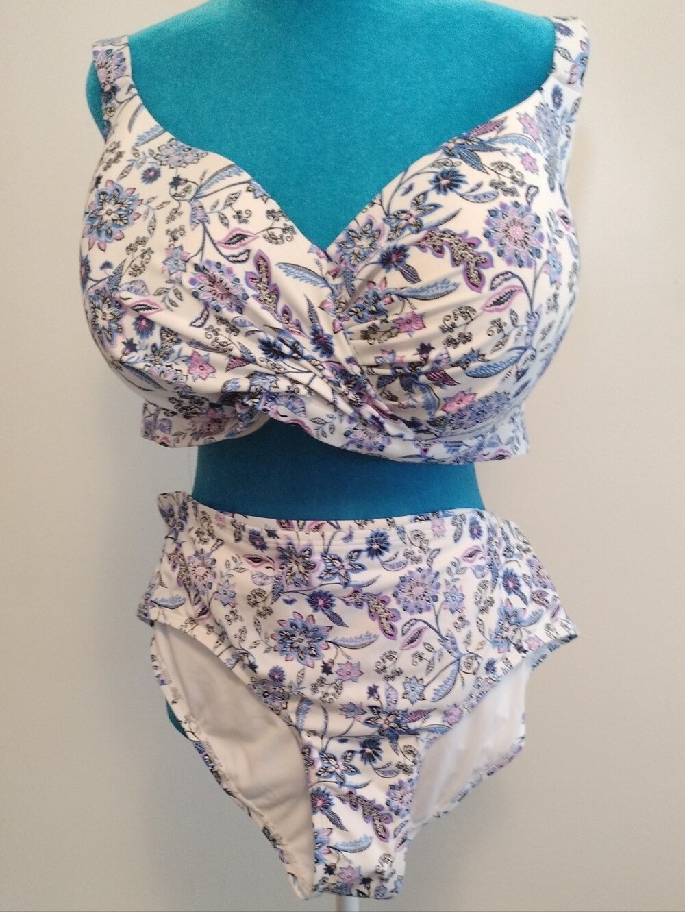 Swimsuits For All White Bikini Set with Blue & Pink Floral Print